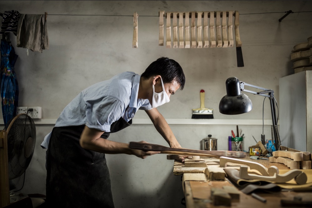 Luthier's workbench at the Ming-Jiang Zhu Violin Workshop